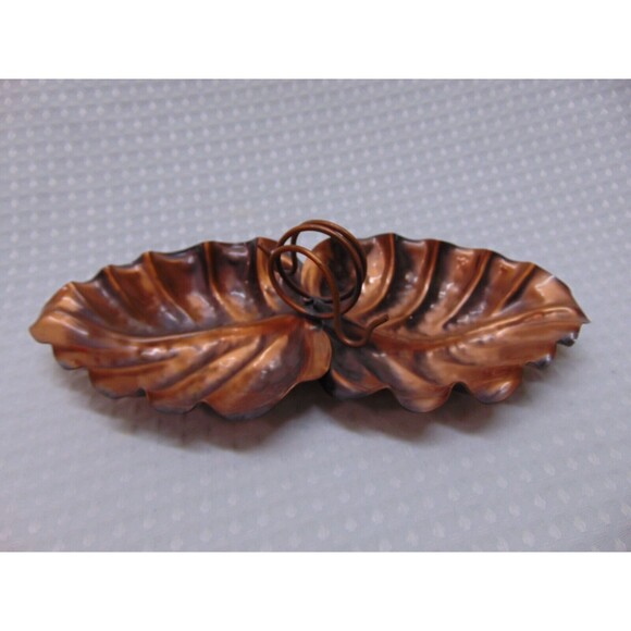 Gregorian Solid Copper Double Leaf Candy Nut Dish - Fall Decor Tray - Picture 1 of 5